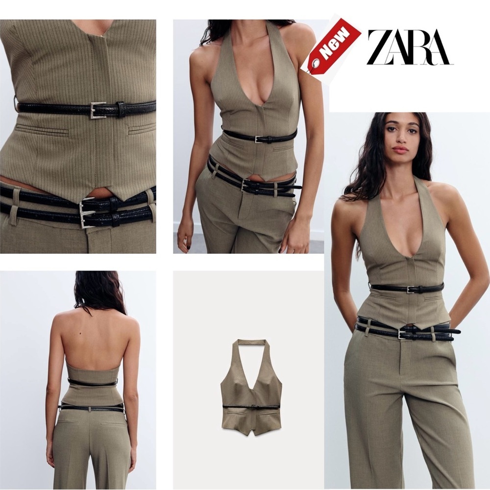 Zara khaki green striped belted halter top full zip front Sz M NWT